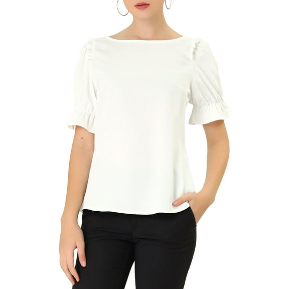 MODA NOVA Junior's Round Neck Short Puff Sleeves Ruffle Blouse White L