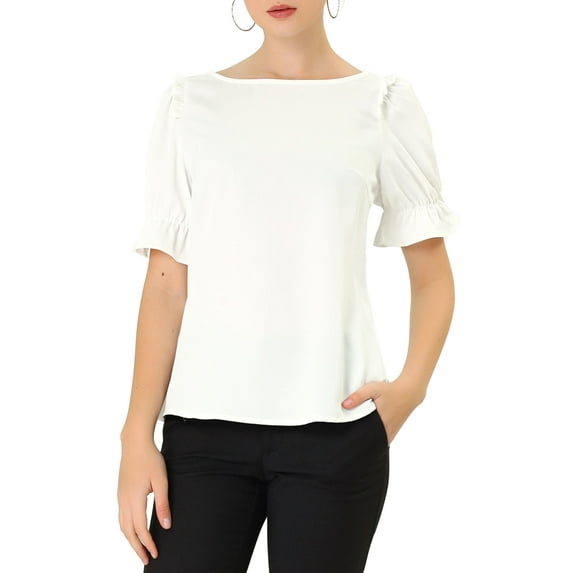 MODA NOVA Junior's Round Neck Short Puff Sleeves Ruffle Blouse White XL