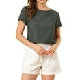 thumbnail image 1 of MODA NOVA Junior's Round Neck Short Raglan Sleeves Side Slit Chambray Blouse Grey Black XS, 1 of 6