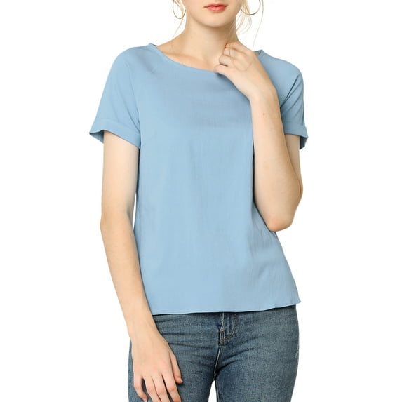 MODA NOVA Junior's Round Neck Short Raglan Sleeves Side Slit Chambray Blouse