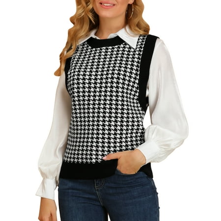 MODA NOVA Junior's Round Neck Sleeveless Houndstooth Plaid Sweater