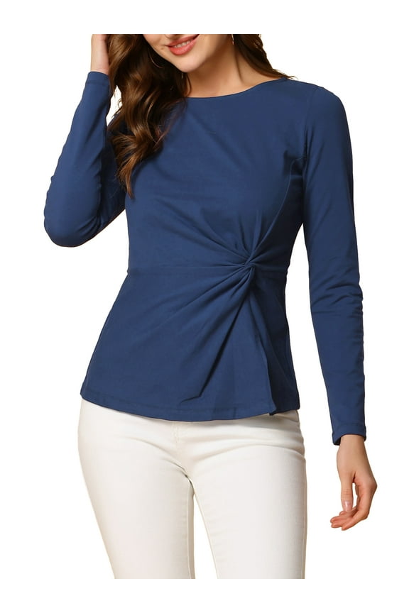 Junior's Round Neck Tops Long Sleeve Blouse Shirt Navy Blue L