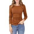 thumbnail image 1 of MODA NOVA Junior's Ruched Stretchy Crew Neck Slim Fit Basic Tops Brown S, 1 of 7