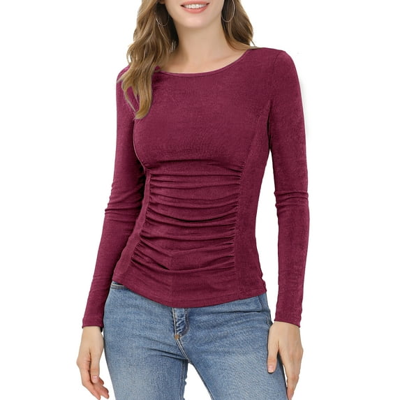 MODA NOVA Junior's Ruched Stretchy Crew Neck Slim Fit Basic Tops Burgundy XL