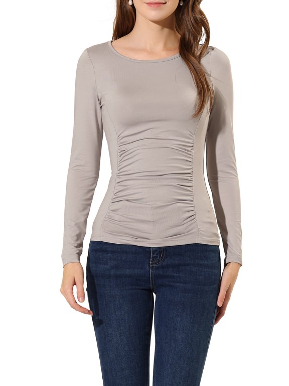 Junior's Ruched Stretchy Crew Neck Slim Fit Basic Tops Camel M