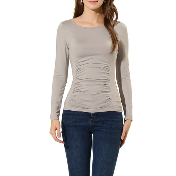 MODA NOVA Junior's Ruched Stretchy Crew Neck Slim Fit Basic Tops Camel XL
