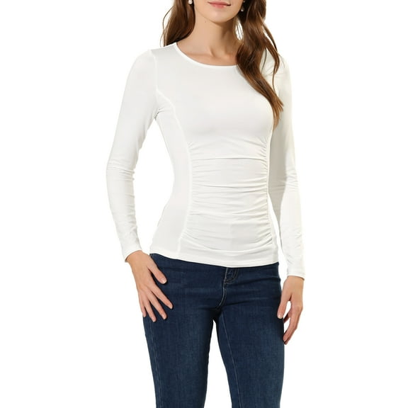 MODA NOVA Junior's Ruched Stretchy Crew Neck Slim Fit Basic Tops White S