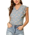 thumbnail image 1 of MODA NOVA Junior's Ruffle Blouse V Neck Cap Sleeves Floral Tops Blue-B M, 1 of 7