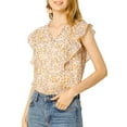 thumbnail image 1 of MODA NOVA Junior's Ruffle Blouse V Neck Cap Sleeves Floral Tops Khaki M, 1 of 7