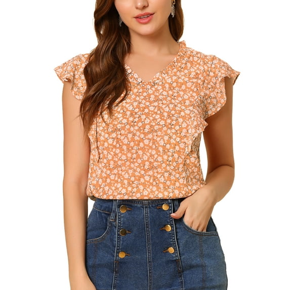 MODA NOVA Junior's Ruffle Blouse V Neck Cap Sleeves Floral Tops Orange M