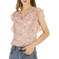thumbnail image 1 of MODA NOVA Junior's Ruffle Blouse V Neck Cap Sleeves Floral Tops Pink M, 1 of 7