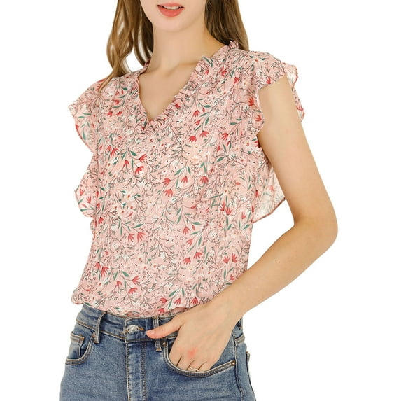 MODA NOVA Junior's Ruffle Blouse V Neck Cap Sleeves Floral Tops Pink M
