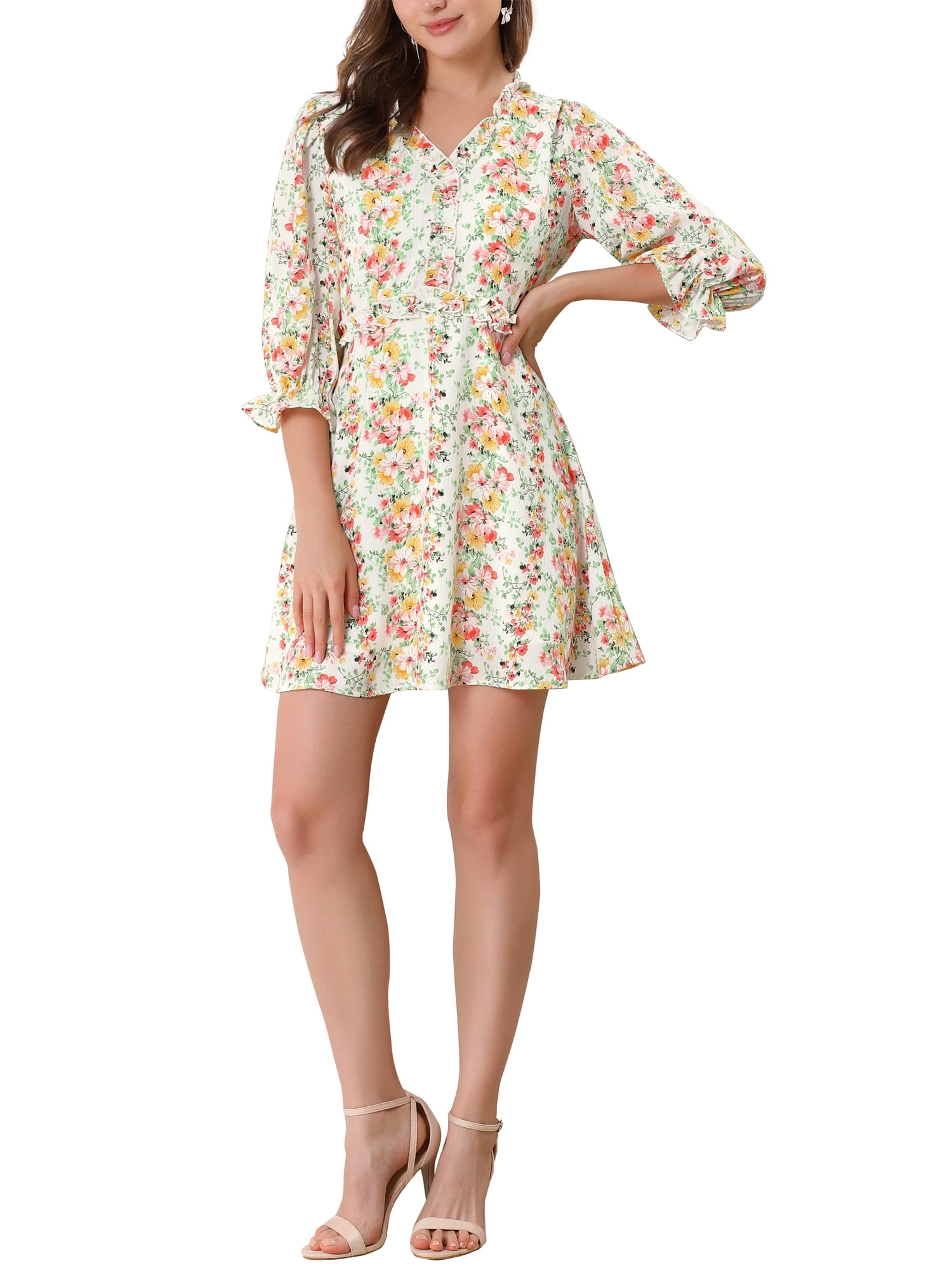 Moda Line MODA NOVA Junior's Ruffle Floral 3/4 Sleeve A-Line V Neck Flare Dress ...