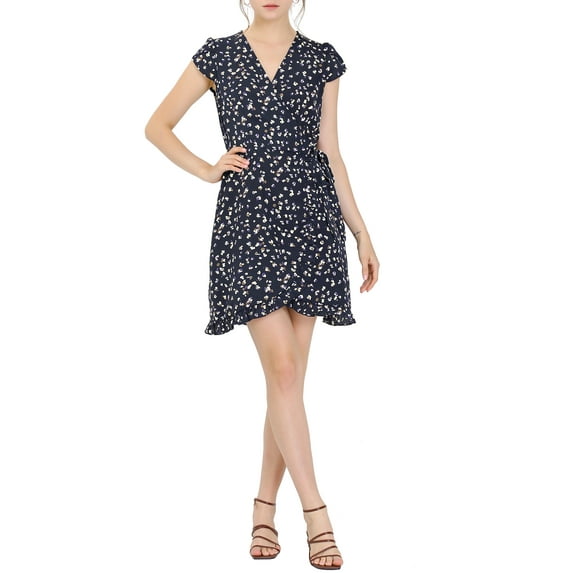 MODA NOVA Junior's Ruffle Hem Short Sleeve V Neck Floral Wrap Above Knee Dress Dark Blue XL