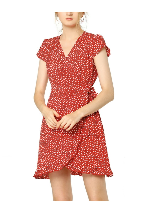 Junior's Ruffle Hem Short Sleeve V Neck Floral Wrap Above Knee Dress