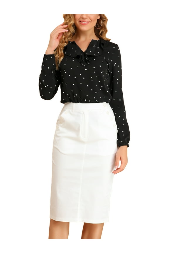 Junior's Ruffle Neck Long Sleeve Vintage Heart Polka Dots Blouse Tops Black-Heart XS