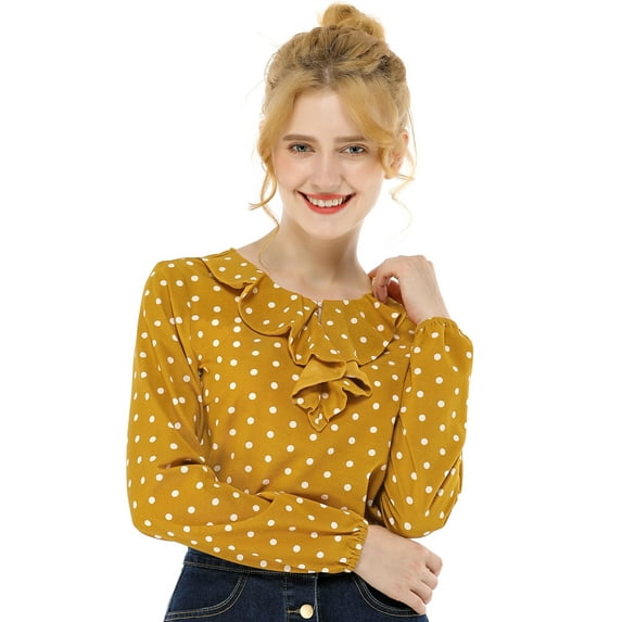 MODA NOVA Junior's Ruffle Neck Long Sleeve Vintage Heart Polka Dots Blouse Tops Yellow L