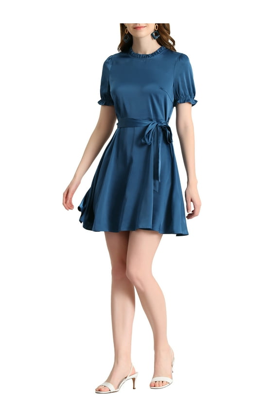 Junior's Ruffle Neck Stand Collar Tie Waist Satin Puff Short Sleeve Dresses