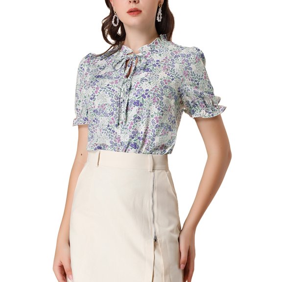 MODA NOVA Junior's Ruffle Neck Tie Neck Floral Short Sleeve Blouse White L