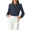 thumbnail image 1 of MODA NOVA Junior's Ruffle Neck with Self Tie Long Sleeve Floral Blouse Navy Blue XXL, 1 of 5