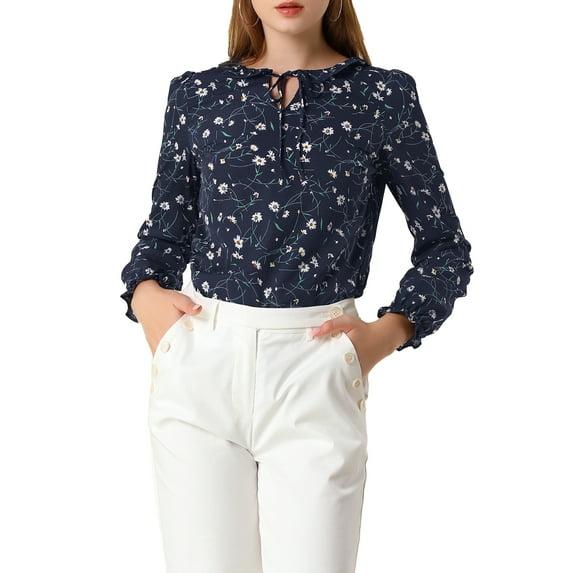 MODA NOVA Junior's Ruffle Neck with Self Tie Long Sleeve Floral Blouse Navy Blue XXL