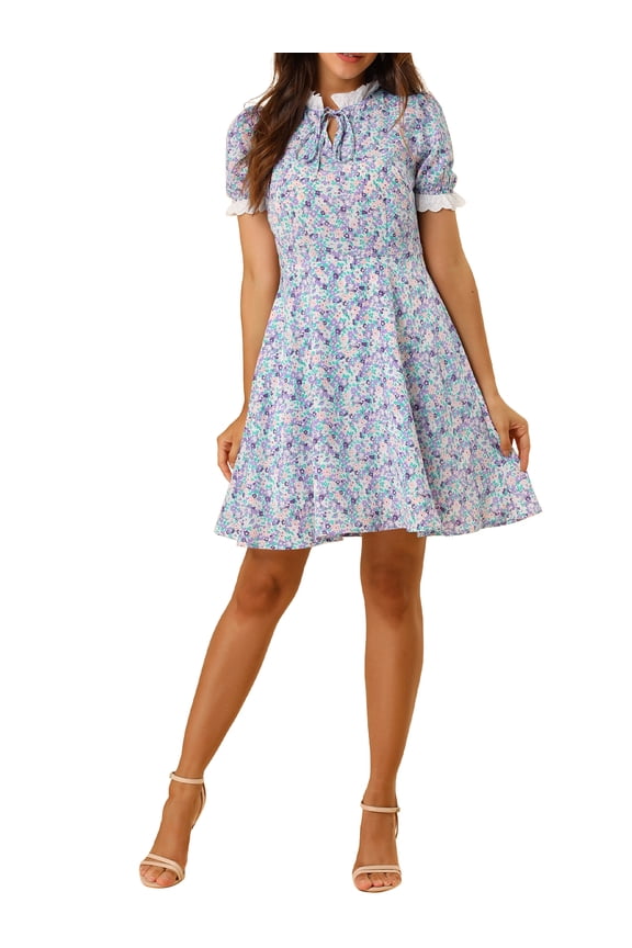Junior's Ruffle Self-Tie Neck Short Sleeve Floral Summer Dress