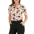 thumbnail image 1 of MODA NOVA Junior's Ruffle Tie Neck Casual Short Sleeve Floral Blouse M Beige, 1 of 5