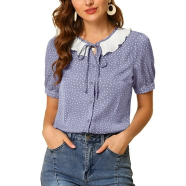 MODA NOVA Junior's Ruffle Tie V Neck Button Down Polka Dots Blouse Shirts