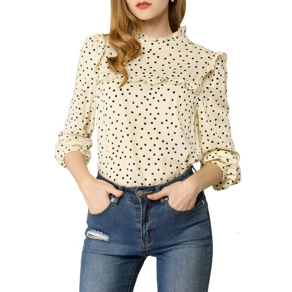 MODA NOVA Junior's Ruffle Trim Polka Dots Blouse Long Sleeve Blouse Beige XS