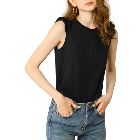 MODA NOVA Junior's Ruffle Trim Tank Top Sleeveless Cotton T Shirts Black L