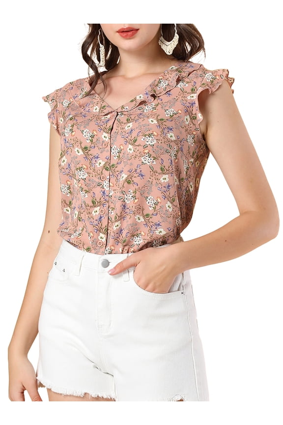 Junior's Ruffle V Neck Flutter Sleeve Button Down Floral Shirt Dark Pink L