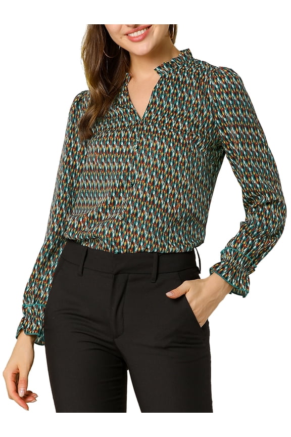 Junior's Ruffle V Neck Geometric Print Puff Sleeve Top Green XL