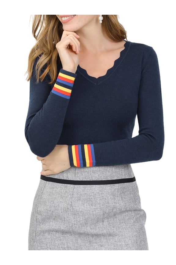 Junior's Ruffle V Neck Rainbow Cuffs Slim Pullover Sweater Navy Blue XL