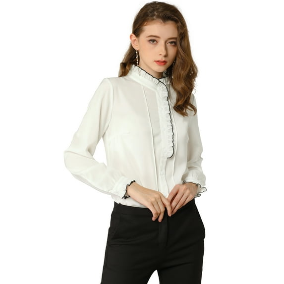 MODA NOVA Junior's Ruffled Button Down Long Sleeve Shirts Blouse White L