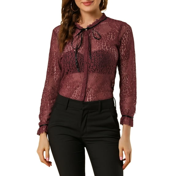 MODA NOVA Junior's Ruffled Collar Button Down Long Sleeve Lace Shirt Burgundy XL