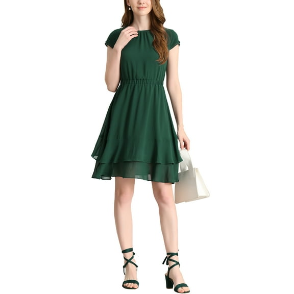 MODA NOVA Junior's Ruffled Hem Cap Sleeve High Waist A-Line Layered Dress