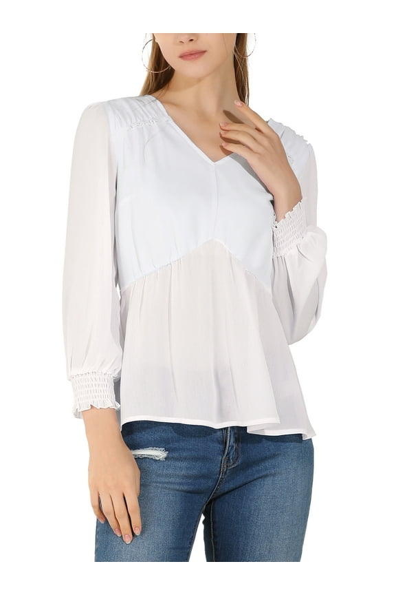Junior's Ruffled Long Puff Sleeves Blouses V Neck Solid Blouse White M