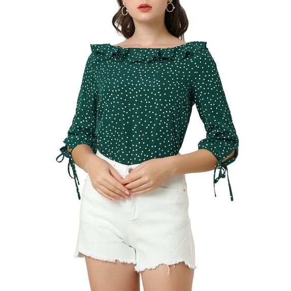 MODA NOVA Junior's Ruffled Neck Half Sleeve Polka Dots Blouse Tops Green L