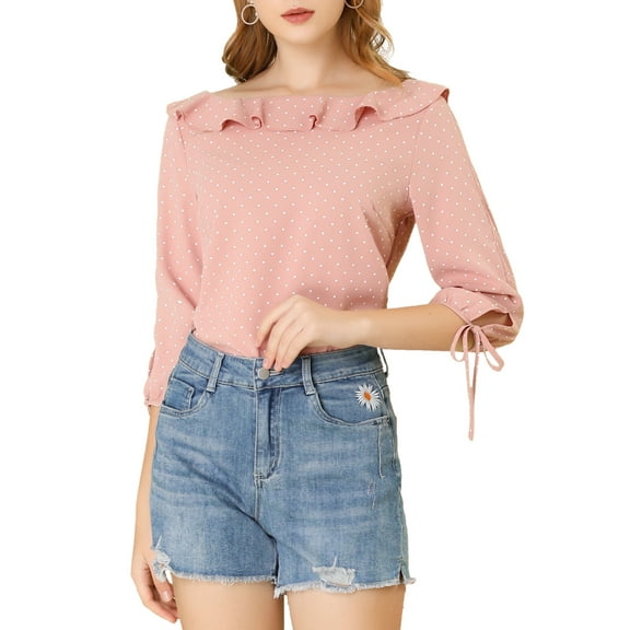 MODA NOVA Junior's Ruffled Neck Half Sleeve Polka Dots Blouse Tops Pink XL