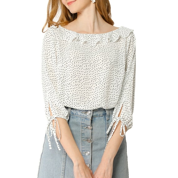 MODA NOVA Junior's Ruffled Neck Half Sleeve Polka Dots Blouse Tops White M
