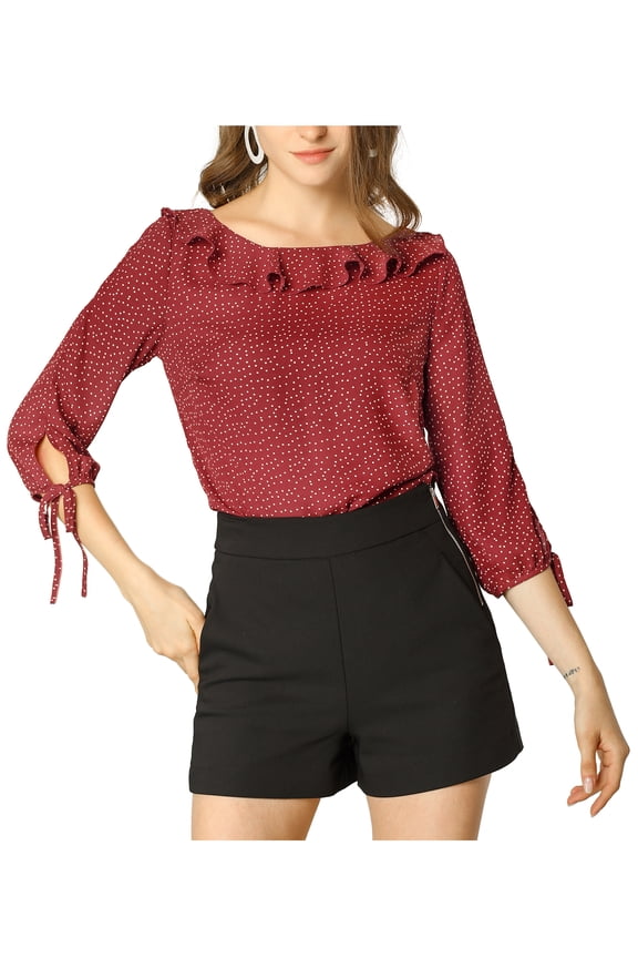 Junior's Ruffled Neck Half Sleeve Polka Dots Blouse Tops Wine Red L