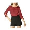 thumbnail image 1 of MODA NOVA Junior's Ruffled Neck Half Sleeve Polka Dots Blouse Tops Wine Red XL, 1 of 6