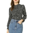 thumbnail image 1 of MODA NOVA Junior's Ruffled Neck Smocked Long Sleeve Floral Blouse Top Black S, 1 of 5