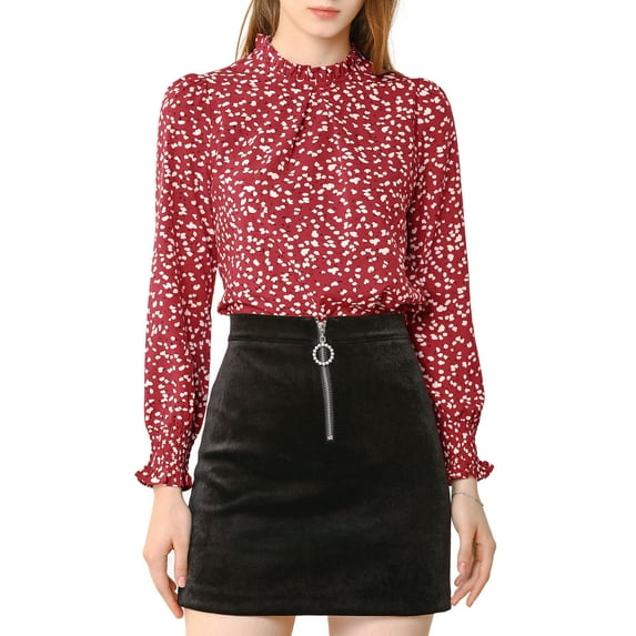 MODA NOVA Junior's Ruffled Neck Smocked Long Sleeve Floral Blouse Top Red S