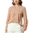 thumbnail image 1 of MODA NOVA Junior's Ruffled Trim Long Sleeve Round Neck Floral Blouse Dusty Pink L, 1 of 6