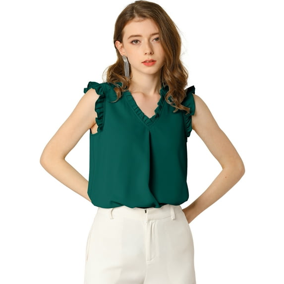MODA NOVA Junior's Ruffled Trim Sleeveless Vintage Ruched Blouses Tops Dark Green XXL