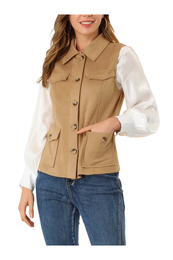 Junior's Rustic Sleeveless Faux Suede Utility Cargo Vest Khaki M