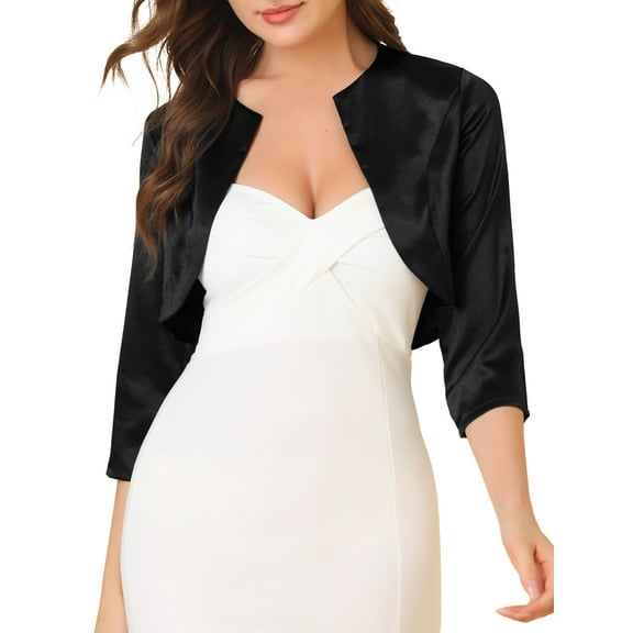 MODA NOVA Junior's Satin Cardigan Elegant 3/4 Sleeve Solid Bolero Shrug Tops Black XL