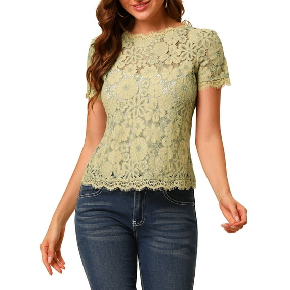 MODA NOVA Junior's Scalloped Trim Short Shirred Sleeves Sheer Floral Lace Blouse Green S