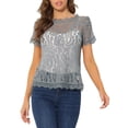 thumbnail image 1 of MODA NOVA Junior's Scalloped Trim Short Shirred Sleeves Sheer Floral Lace Blouse Grey XL, 1 of 6